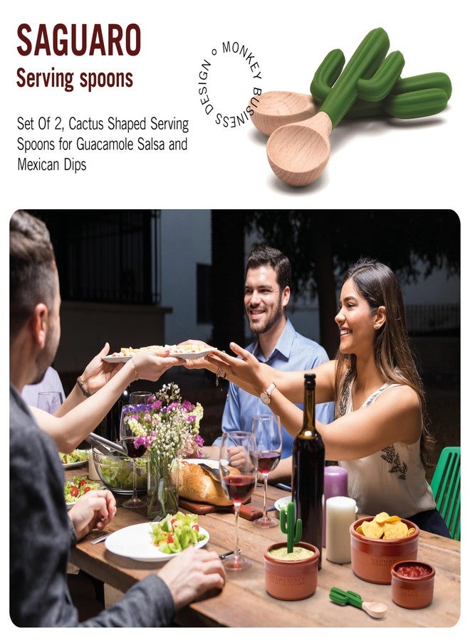Monkey Business Saguaro Spoons Set of 2, Cactus Shaped Serving Spoons for Guacamole Salsa and Mexican Dips, Silicone and Wooden Spoons for Serving at Parties and Fiesta Entertaining - Image 2