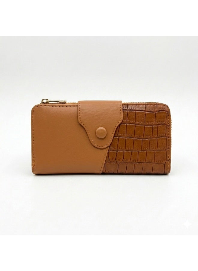 Kanaz "Croco Book" Women's Long Wallet – Elegant Zipper & Snap Button Purse, Dual Texture Smooth & Alligator Embossed Design, Card Holder & Money Organizer - Image 1