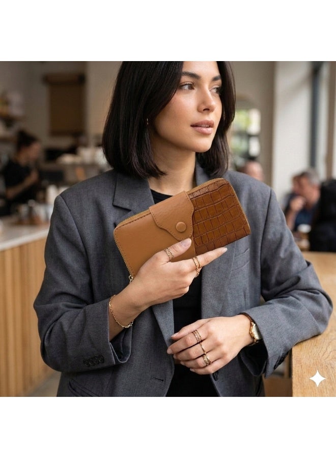 Kanaz "Croco Book" Women's Long Wallet – Elegant Zipper & Snap Button Purse, Dual Texture Smooth & Alligator Embossed Design, Card Holder & Money Organizer - Image 3