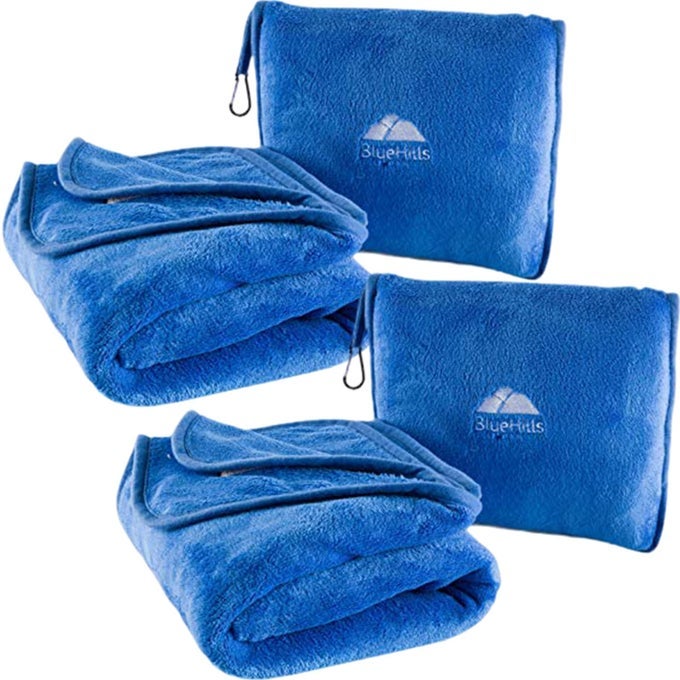 2PACK PREMIUM SOFT TRAVEL BLANKET PILLOW AIRPLANE BLANKET IN SOFT BAG PILLOWCASE WITH HAND LUGGAGE BELT AND BACKPACK CLIP COMPACT PACK LARGE BLANKETS FOR ANY TRAVEL ROYAL BLUE T015