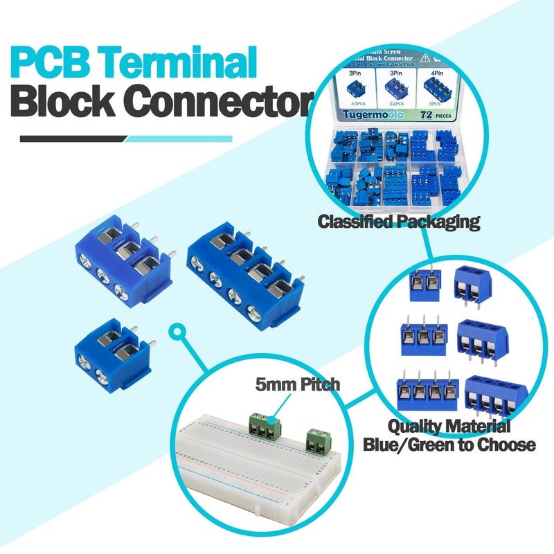 Tugermoola 72PCS 5mm/0.2" Pitch PCB Mount Screw Terminal Block Connector 2Pin 3Pin 4Pin Circuit Board Connector PCB Wire Terminal Blue - Image 3