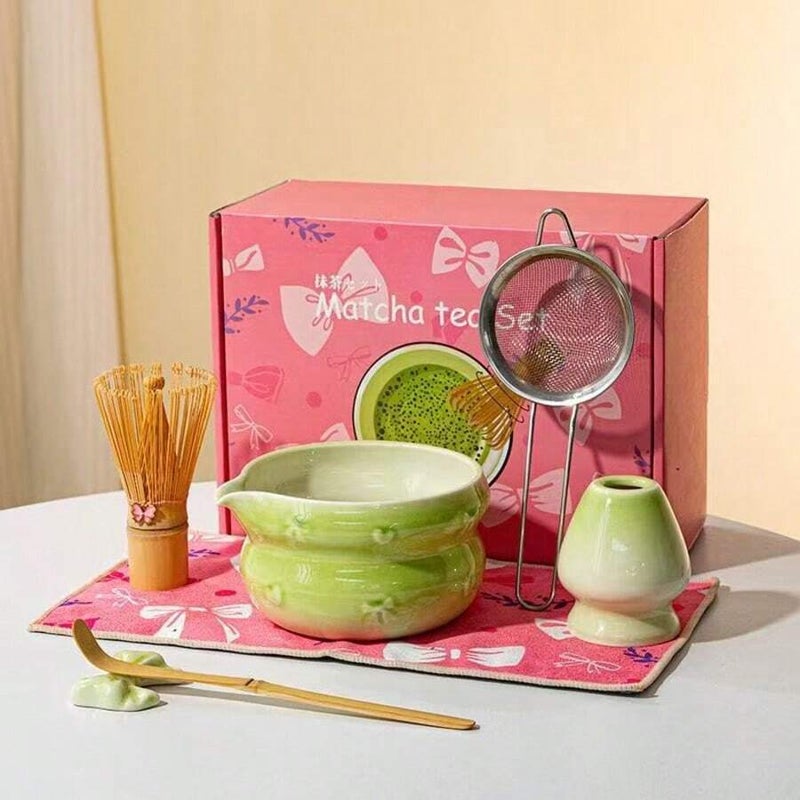 7pcs Pink Handmade Porcelain Matcha Kit, Idealfor Home Tea Ceremony, Relaxing DailyGreen Tea Brewing, Perfect Gift for TeaLovers, Elegant Tabletop Tea Accessory forKitchen & Majlis Decor, Premium MatchaMaking Utensils Set with Gift Box forRamadan Gifting, Eid Present & ArabicHospitality  Use - Image 1