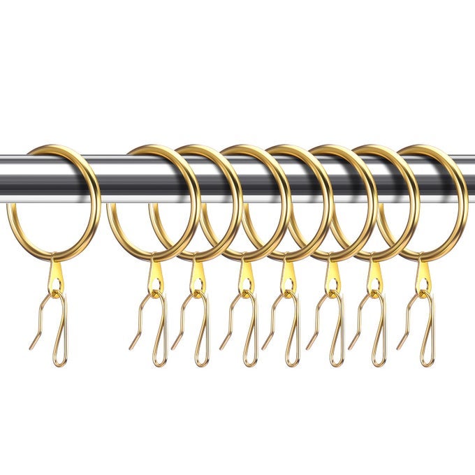 30 PCS METAL DRAPERY CURTAIN RINGS 098126165 INCH INTERIOR DIAMETER AND 30 PCS HANGING CURTAIN DRAPERY PIN HOOKS FOR WINDOW DOOR SHOWER32 MMGOLD