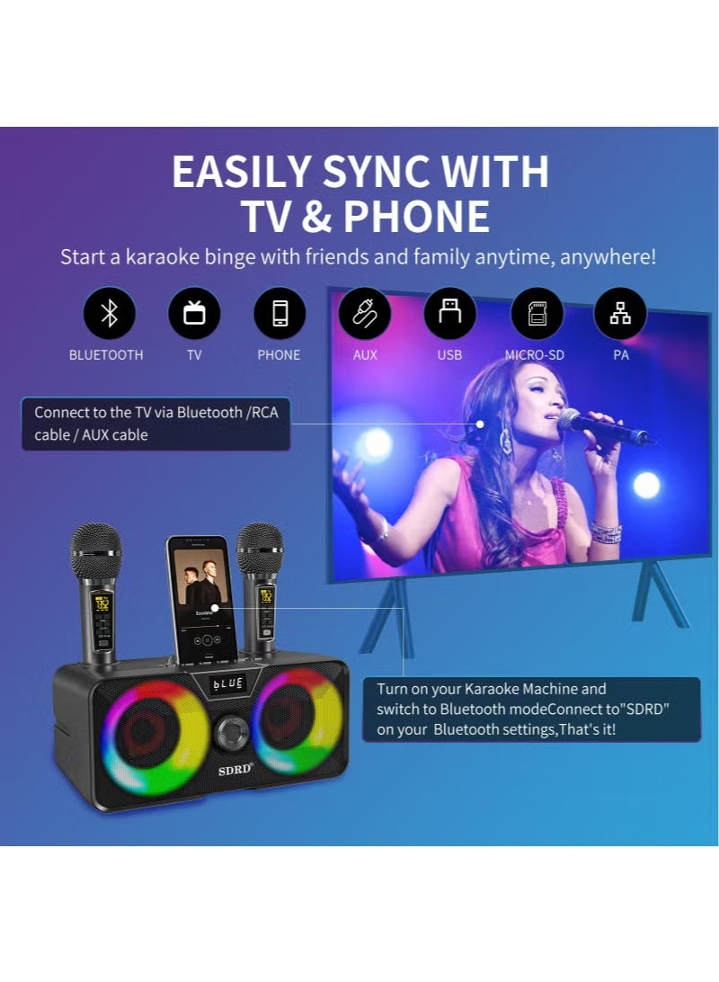SDRD Karaoke Machine with 2 UHF Wireless Microphones, Portable Bluetooth Speaker - Image 2
