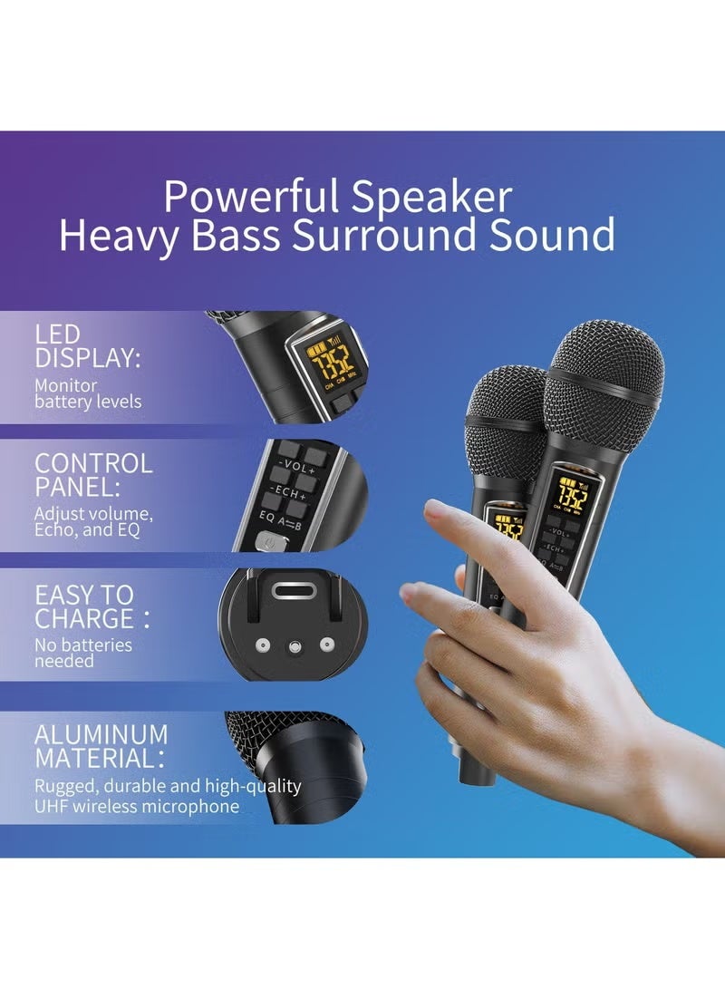 SDRD Karaoke Machine with 2 UHF Wireless Microphones, Portable Bluetooth Speaker - Image 4