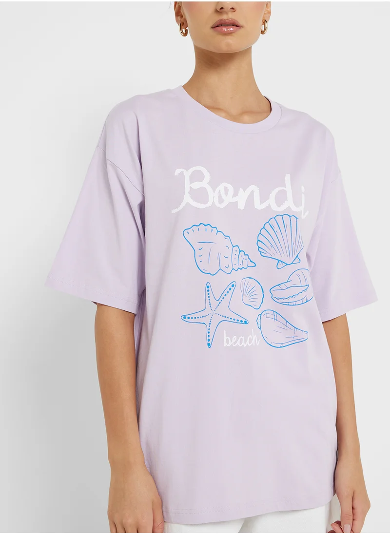 جينجر Crew Neck Oversize Travel Graphic T-Shirt