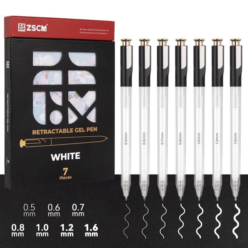 ZSCM Retractable White Gel Pen, 7 Nib Sizes - Precision Large Capacity Opaque White Archival Gel Ink Pens, Fine Point Smooth Writing Highlighter Pens for Black Paper Note Taking Aesthetic Art Supplies - Image 1