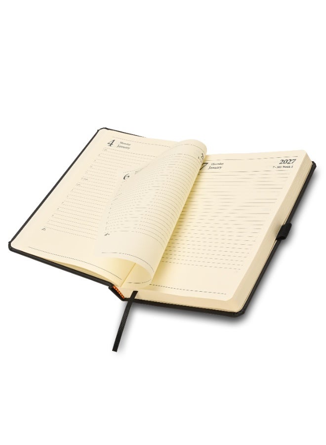 FIS 2027 A5 Diary, 148x210mm, 1 Side Padded Italian PU Cover Materials, Round Corners, Elastic Band with Sliding Tag, Inside Pocket, English, 70gsm Italian Ivory Paper, Black Cover-FSDI84E27BK - Image 5