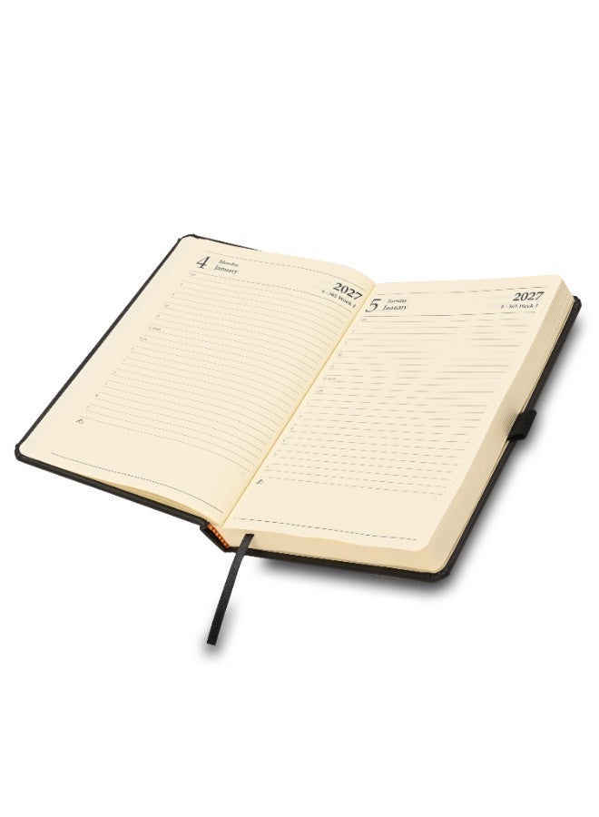 FIS 2027 A5 Diary, 148x210mm, 1 Side Padded Italian PU Cover Materials, Round Corners, Elastic Band with Sliding Tag, Inside Pocket, English, 70gsm Italian Ivory Paper, Black Cover-FSDI84E27BK - Image 2