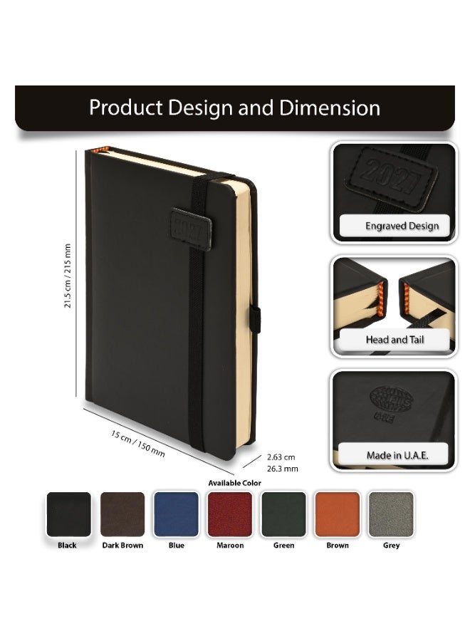 FIS 2027 A5 Diary, 148x210mm, 1 Side Padded Italian PU Cover Materials, Round Corners, Elastic Band with Sliding Tag, Inside Pocket, English, 70gsm Italian Ivory Paper, Black Cover-FSDI84E27BK - Image 3