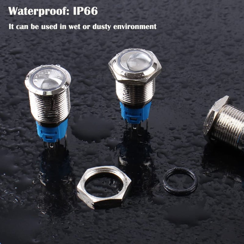 DMWD 2pcs 16mm Metal Waterproof Anti-Vandal Latching Push Button Switch Silver Shell with Pre-wired Socket, 12V-24V ON OFF 5Pins 1NO 1NC Halo Ring Red LED - Image 5