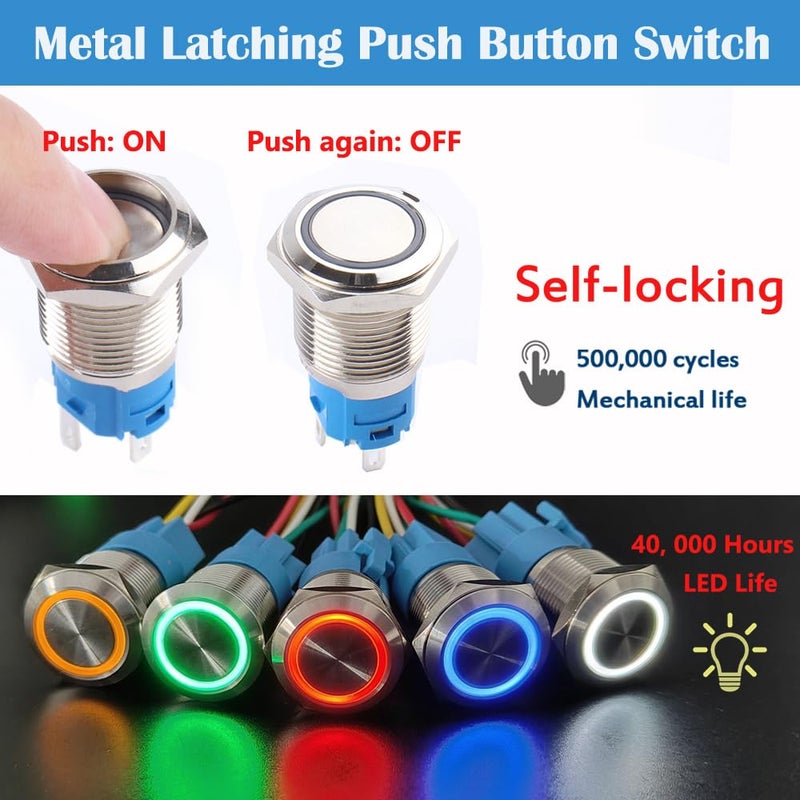 DMWD 2pcs 16mm Metal Waterproof Anti-Vandal Latching Push Button Switch Silver Shell with Pre-wired Socket, 12V-24V ON OFF 5Pins 1NO 1NC Halo Ring Red LED - Image 2