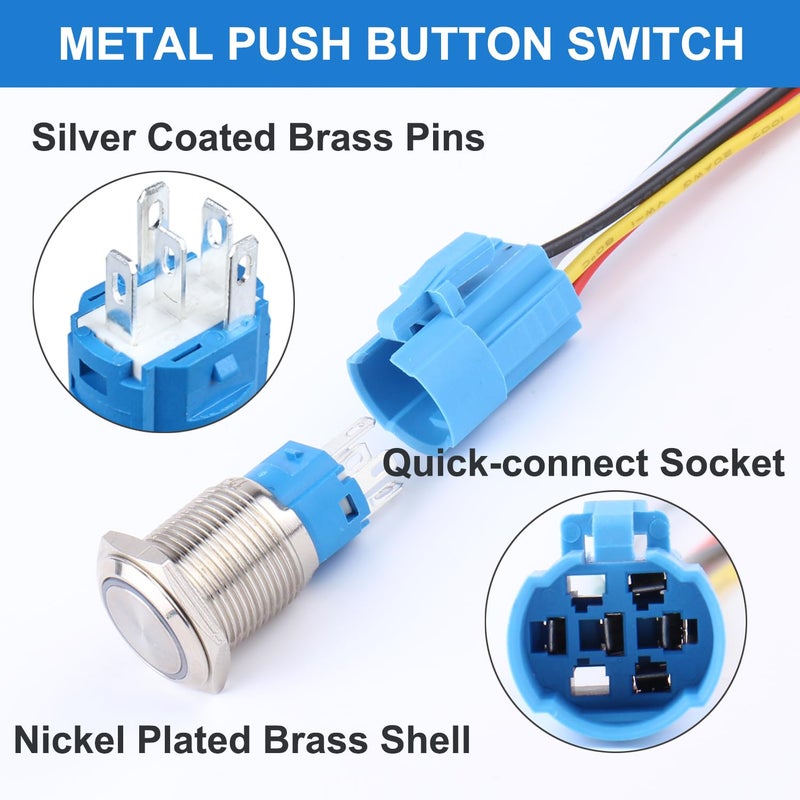 DMWD 2pcs 16mm Metal Waterproof Anti-Vandal Latching Push Button Switch Silver Shell with Pre-wired Socket, 12V-24V ON OFF 5Pins 1NO 1NC Halo Ring Red LED - Image 3