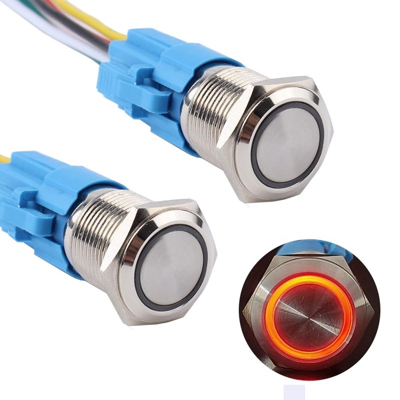 DMWD 2pcs 16mm Metal Waterproof Anti-Vandal Latching Push Button Switch Silver Shell with Pre-wired Socket, 12V-24V ON OFF 5Pins 1NO 1NC Halo Ring Red LED - Image 1