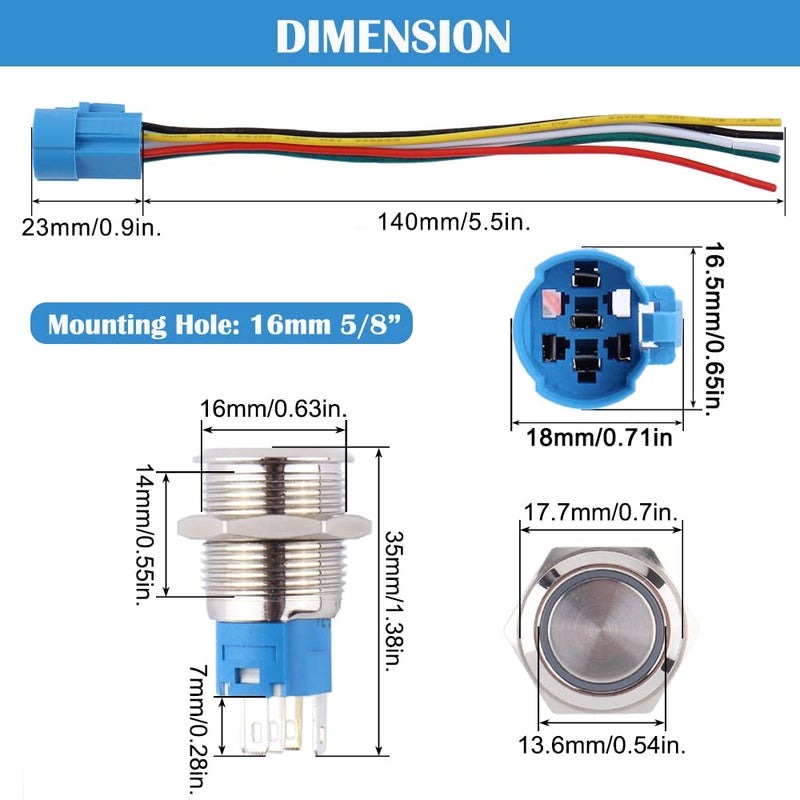 DMWD 2pcs 16mm Metal Waterproof Anti-Vandal Latching Push Button Switch Silver Shell with Pre-wired Socket, 12V-24V ON OFF 5Pins 1NO 1NC Halo Ring Red LED - Image 4
