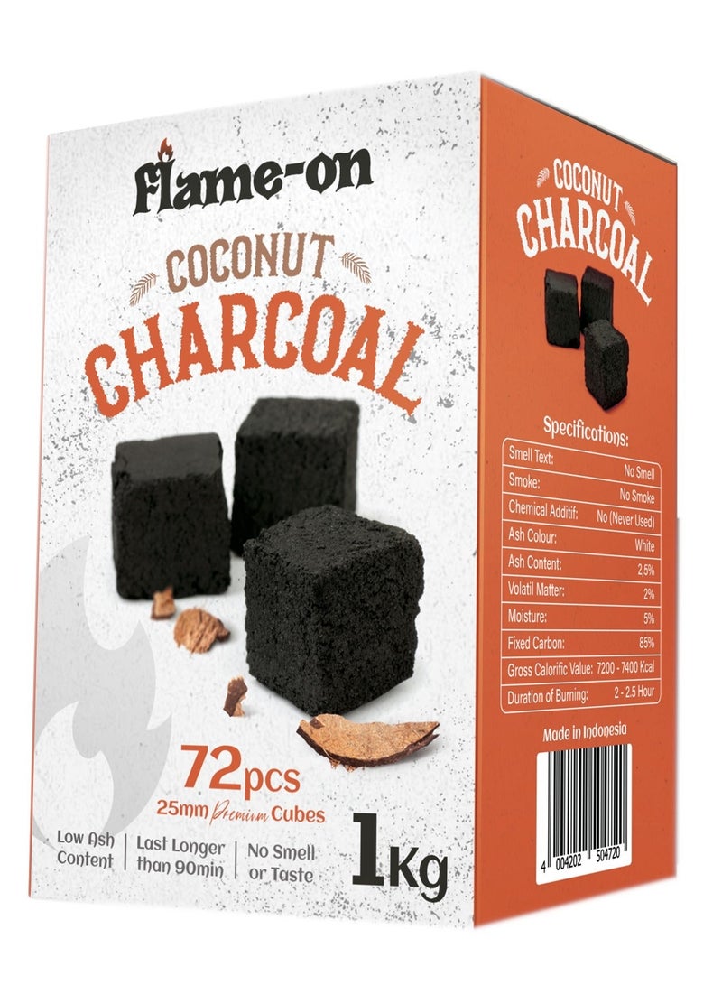 Flame-On Premium Coconut Shell Charcoal Briquettes 1Kg, 25mm Cubes x 72 Pcs with Low ash content