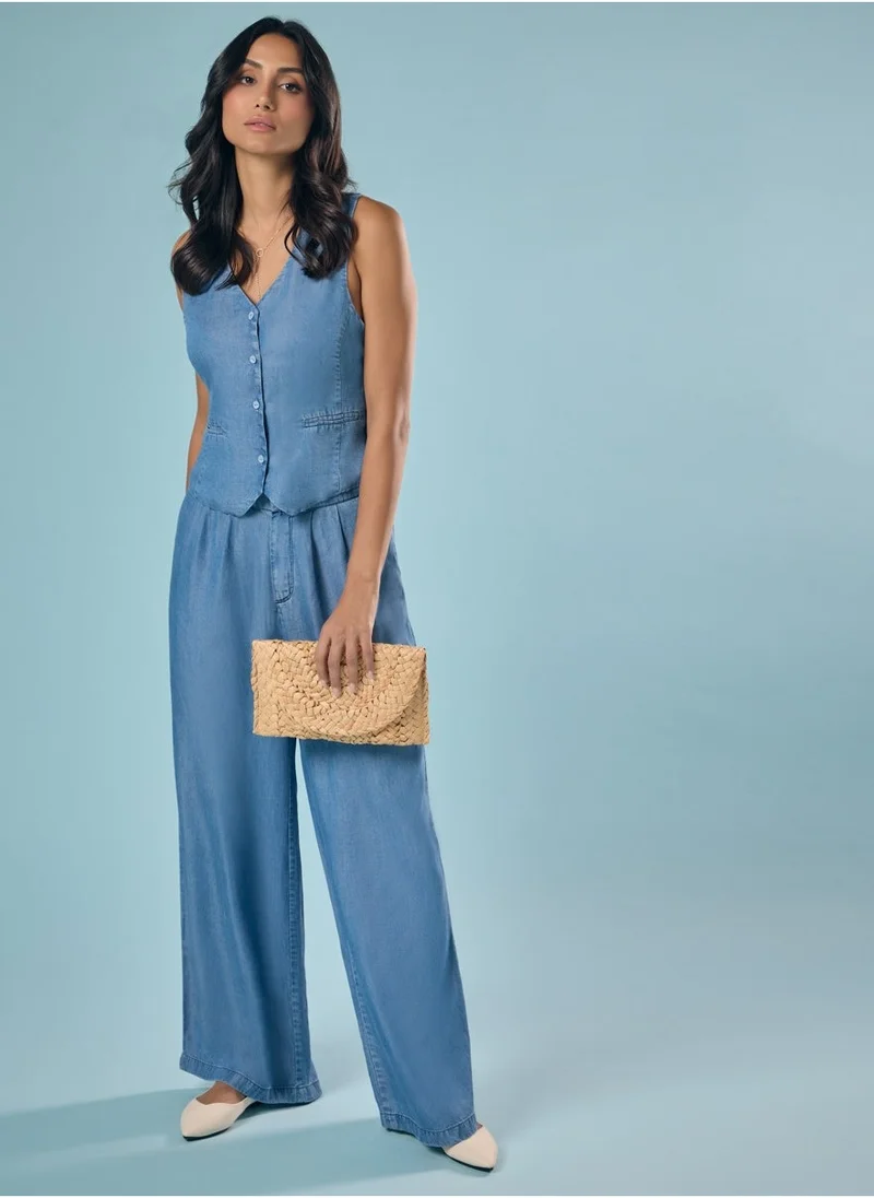 Zigzag Flared Leg Washed Tencel Light Blue Pant