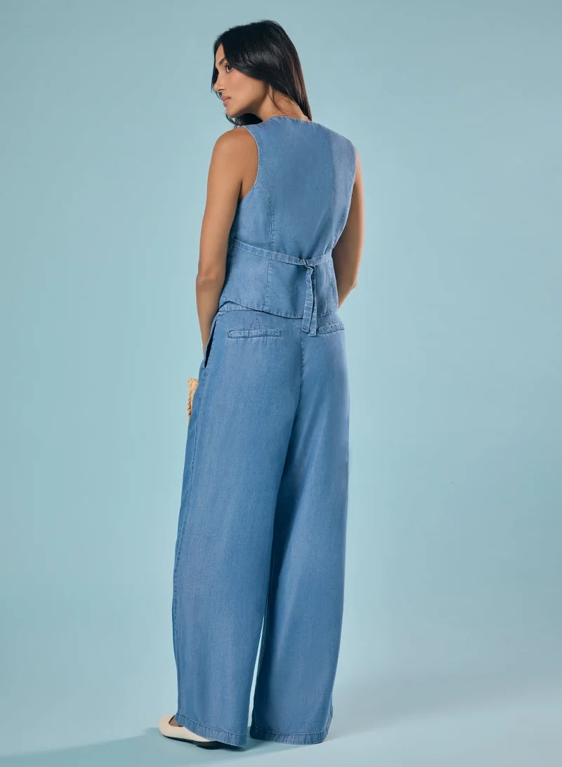 Zigzag Flared Leg Washed Tencel Light Blue Pant