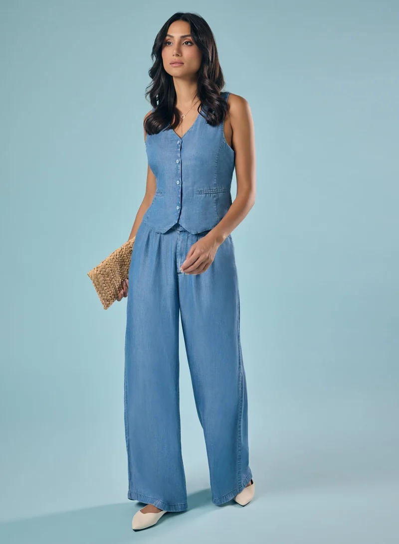 Zigzag Flared Leg Washed Tencel Light Blue Pant