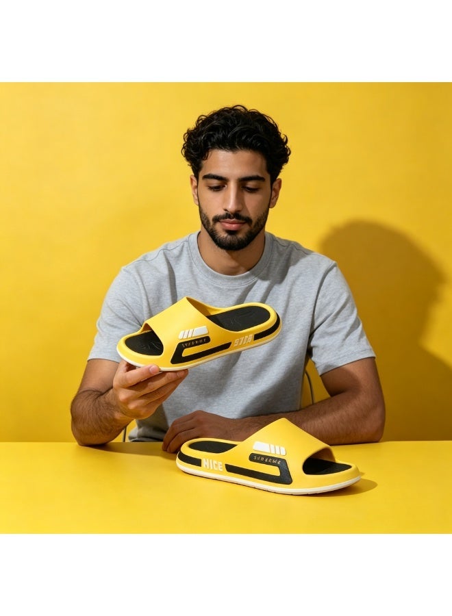 Aethvive Men Fashion Color Block EVA Slide Slippers, Non Slip Thick Sole Waterproof Bath Slides, Soft Lightweight Couple Casual Sandals For Home Shower Beach Outdoor Daily Wear Yellow - Image 5