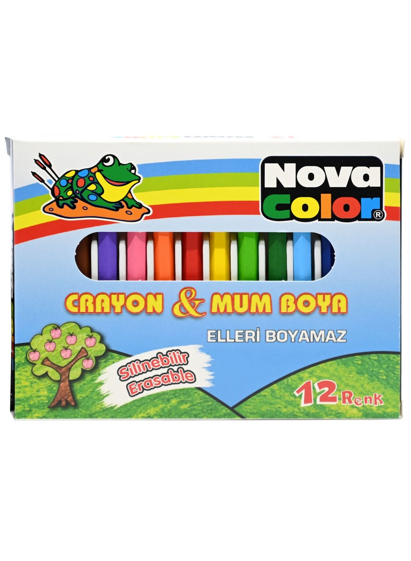 Nova Color  Crayons Set Of 12 Colors (Blue,Green,Yellow,Red,Brown,Light Green,Light Blue,Purple, Orange,Black, Pink And Grey) -KRCRNC-1112