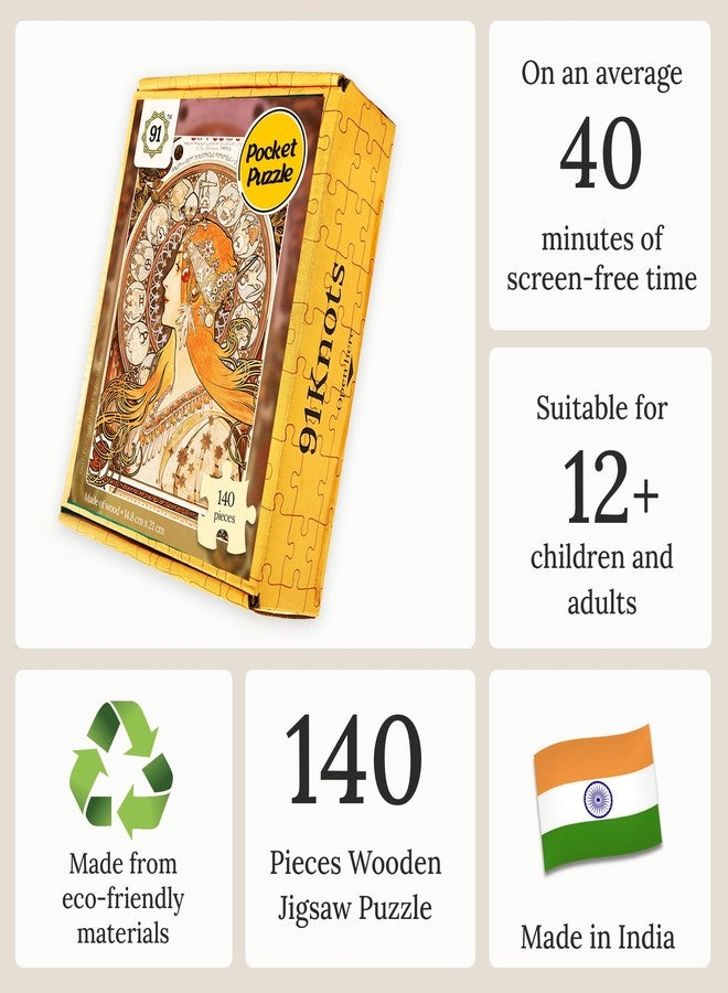 91Knots - Zodiaque 140 Pieces Wooden Jigsaw Puzzle for Adults & Kids 5+ | Alphonse Maria Mucha Artwork | Pocket Puzzle Games & Toys | Puzzle for Kids - Image 3