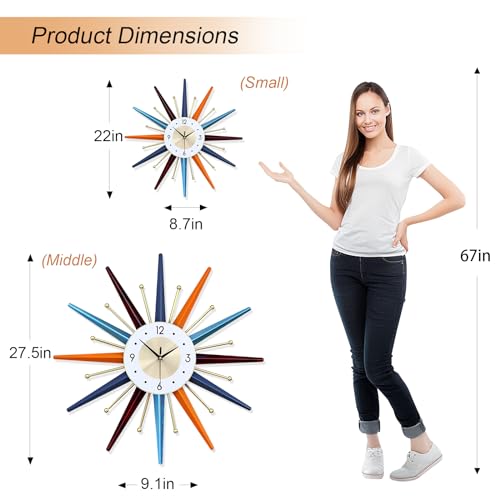 Vctrqov Large Wall Clock 22 Inch Modern Wall Clock Starburst Mid-Century Modern Decor Non-Ticking Battery Operated Colorful Clock Home Decorations for Living Room Bedroom Kitchen Office - Image 3