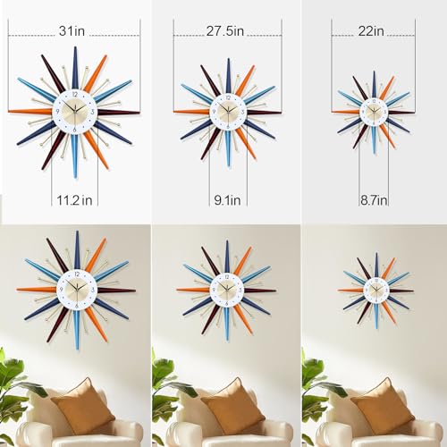Vctrqov Large Wall Clock 22 Inch Modern Wall Clock Starburst Mid-Century Modern Decor Non-Ticking Battery Operated Colorful Clock Home Decorations for Living Room Bedroom Kitchen Office - Image 5