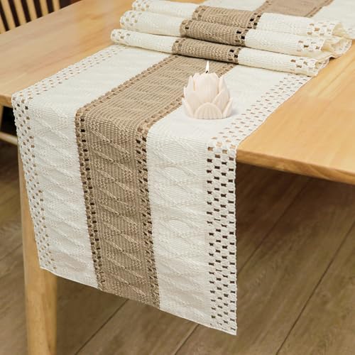 Bloss Boho Table Runner 72 Inches Long Farmhouse Rustic Tables Runner, Cream & Brown Cotton Table Runner, Woven Easter Summer Tables Runners for Kitchen Dining Table Decor,Coffee Table & Living Room - Image 1