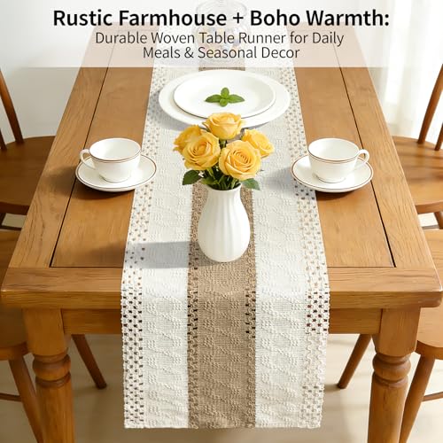 Bloss Boho Table Runner 72 Inches Long Farmhouse Rustic Tables Runner, Cream & Brown Cotton Table Runner, Woven Easter Summer Tables Runners for Kitchen Dining Table Decor,Coffee Table & Living Room - Image 5