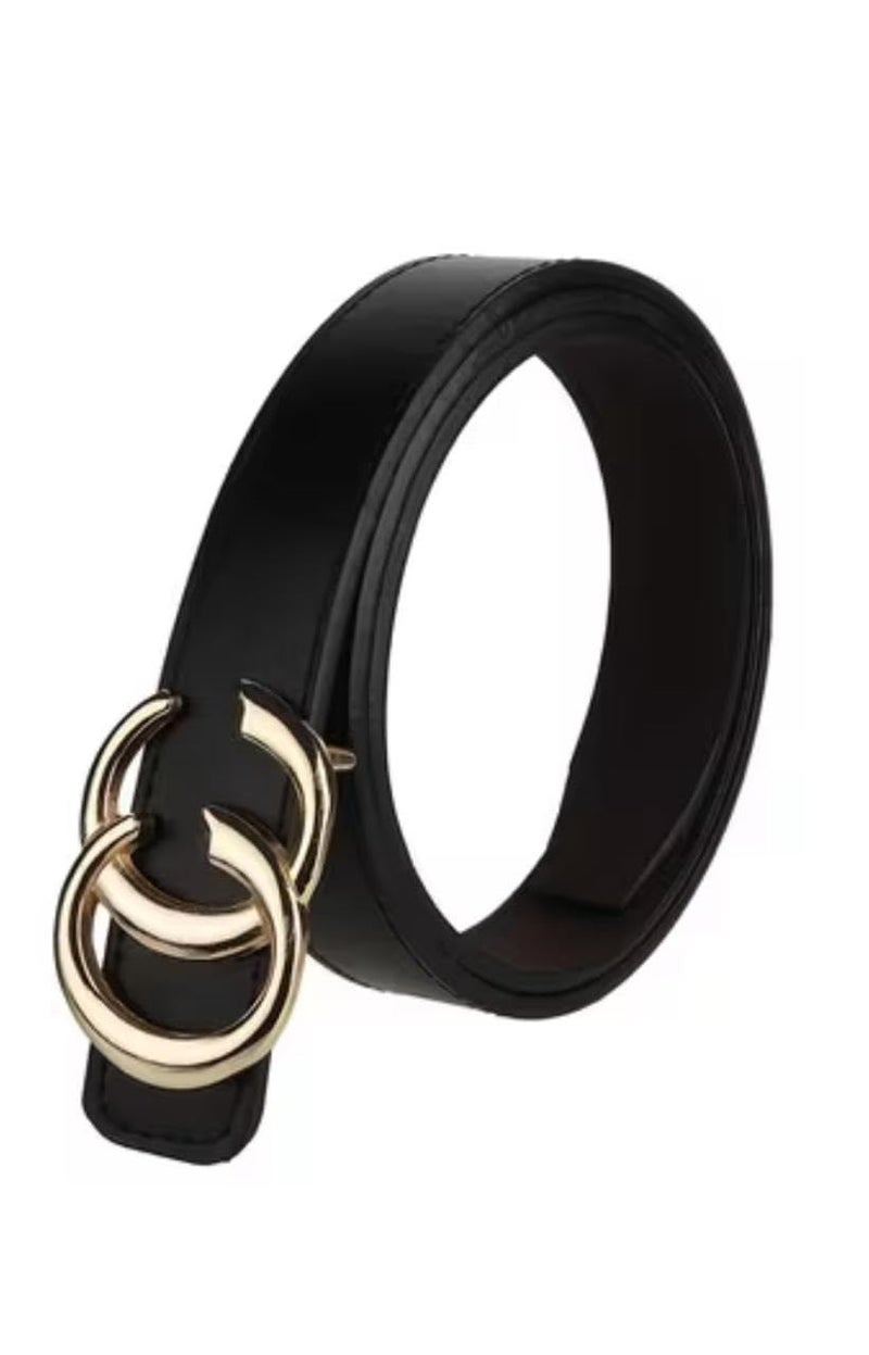 SHOPGLOBAL Girl's Belts with Double C Ring Golden Buckle, Fashion Trendy Faxu Leather Round Circle Belts for Jeans Dress (Black) - Image 1