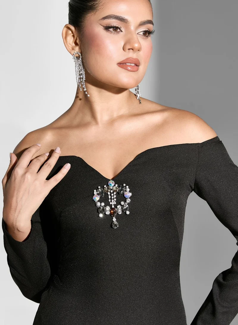 Namshi x Bardot Plunge Gown With Embellishment