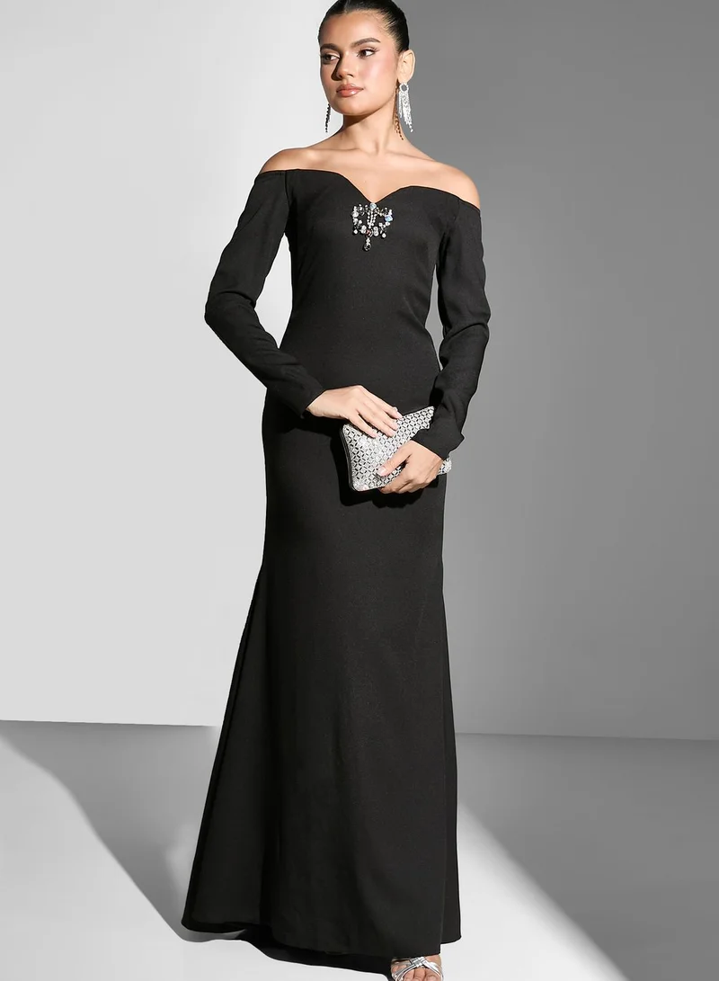 Namshi x Bardot Plunge Gown With Embellishment