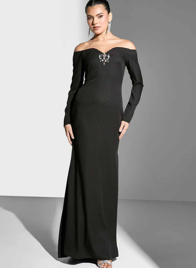 Namshi x Bardot Plunge Gown With Embellishment