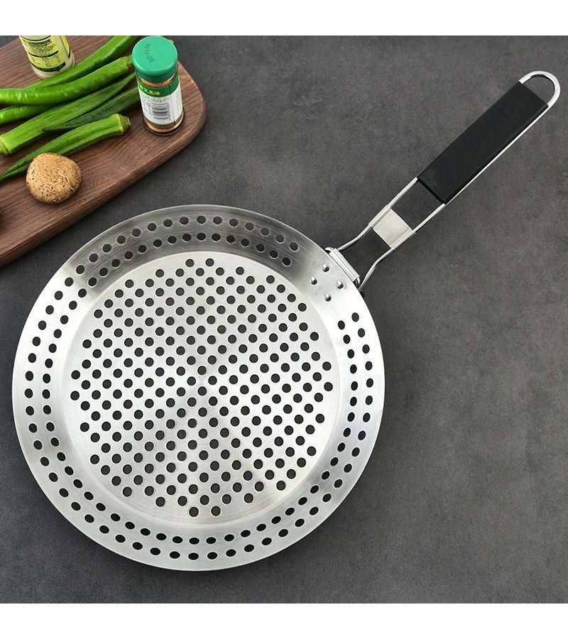 Perforated Stainless Steel Barbecue Tray With Handle For Vegetables Meat Pizza - Image 1