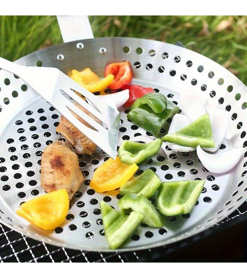 Perforated Stainless Steel Barbecue Tray With Handle For Vegetables Meat Pizza - Image 2