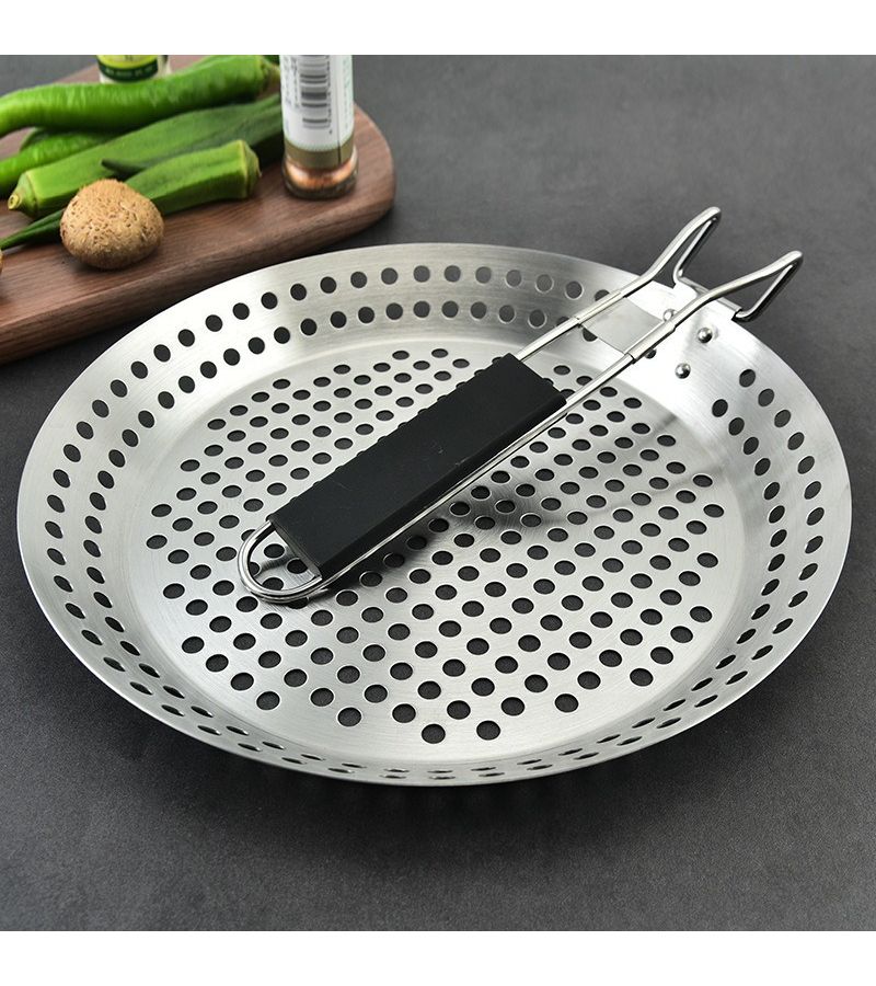 Perforated Stainless Steel Barbecue Tray With Handle For Vegetables Meat Pizza - Image 3