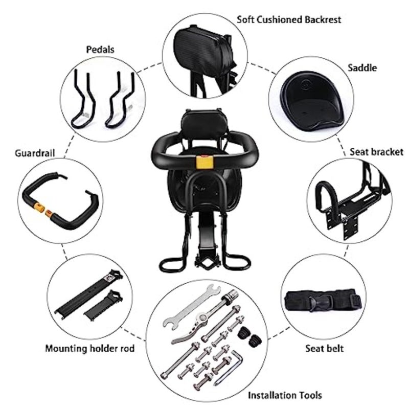 Safety Child Front Bike Seat for with Foot Pedals, Back Rest Support, Compatible with MTB and Road Bikes 3-6 Years Adjustable Aluminum Alloy Frame Black - Image 2