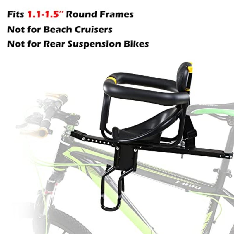 Safety Child Front Bike Seat for with Foot Pedals, Back Rest Support, Compatible with MTB and Road Bikes 3-6 Years Adjustable Aluminum Alloy Frame Black - Image 3