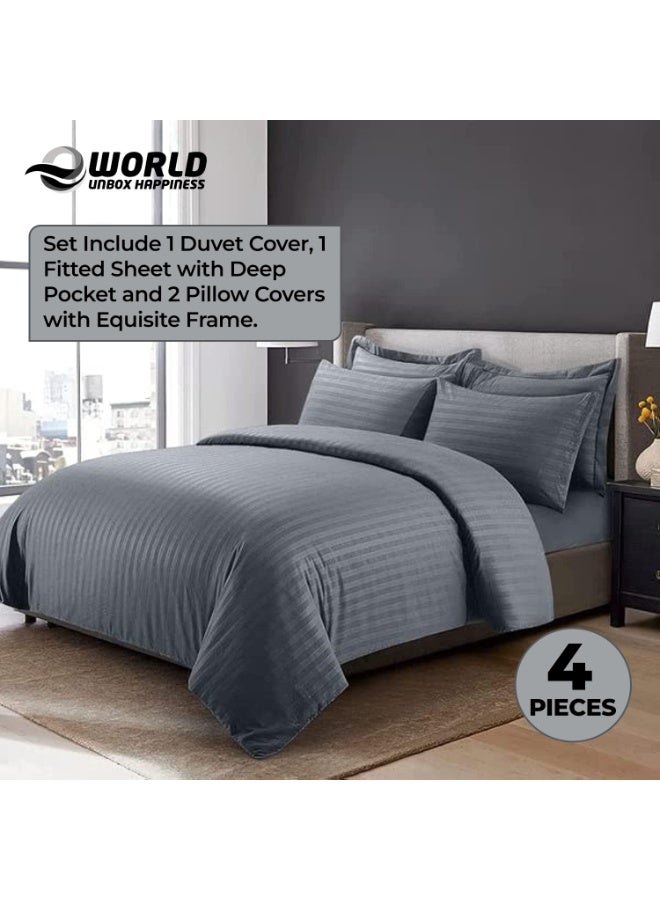 Eworld 4-Piece Luxury King Size Grey Striped Bedding Set Includes 1 Duvet Cover (220x240cm), 1 Bedsheet (200x200cm), and 2 Pillow Cases (48x74+5cm) for Ultimate Hotel-Inspired Sophistication - Image 3