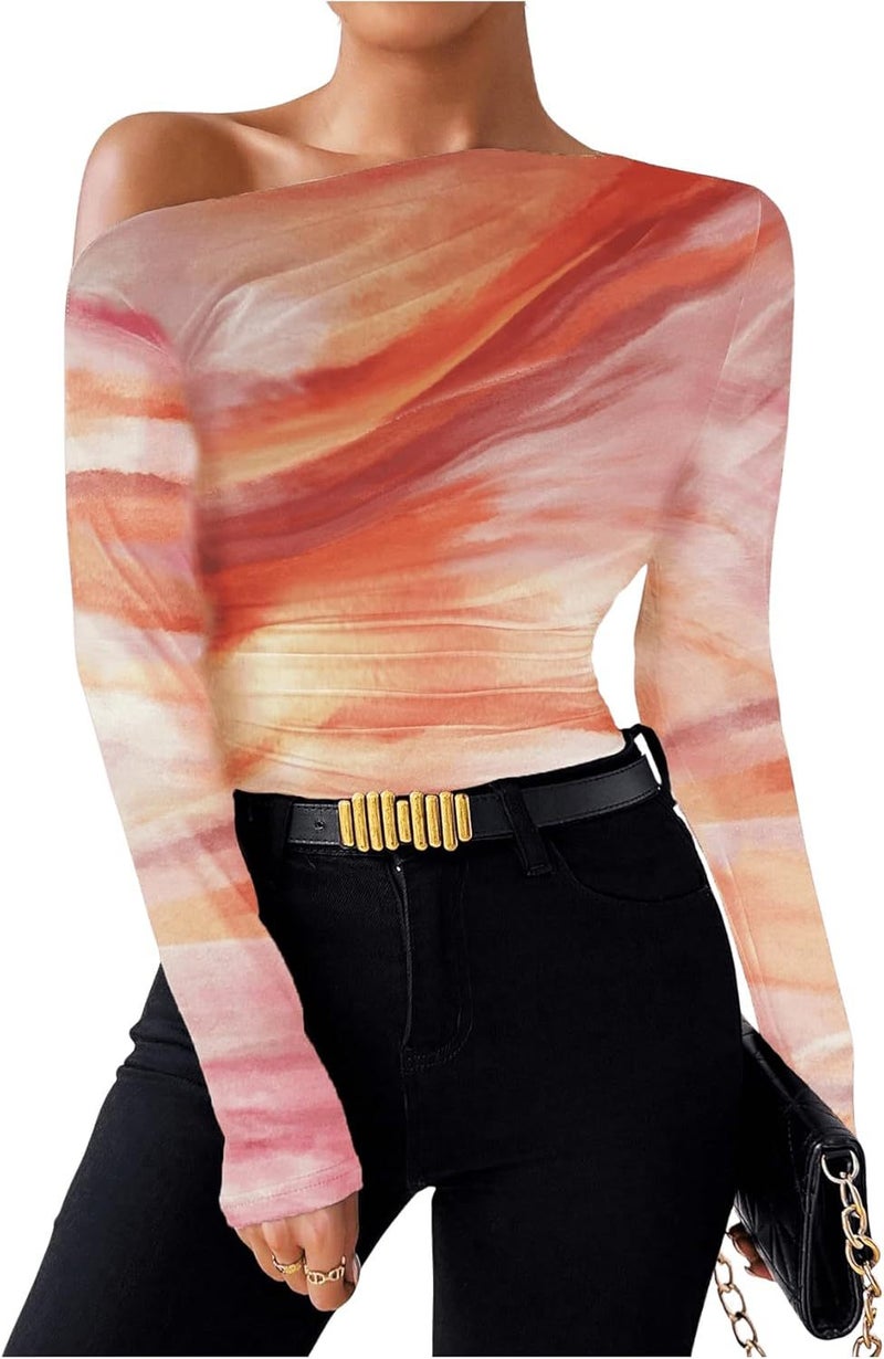 2024 Fashion Tie-Dye Printing Asymmetric Ruffled Long Sleeve T-Shirt - Image 1