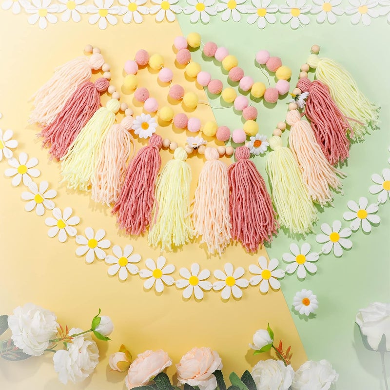 Rtteri 4 Pcs Daisy Garland Felt Ball Classroom Retro Garland Boho Pom Pom Groovy Tassel Hippie Decor Party Banner for School Wedding Birthday Bridal Window Wall Home RoomPink Series Color - Image 4