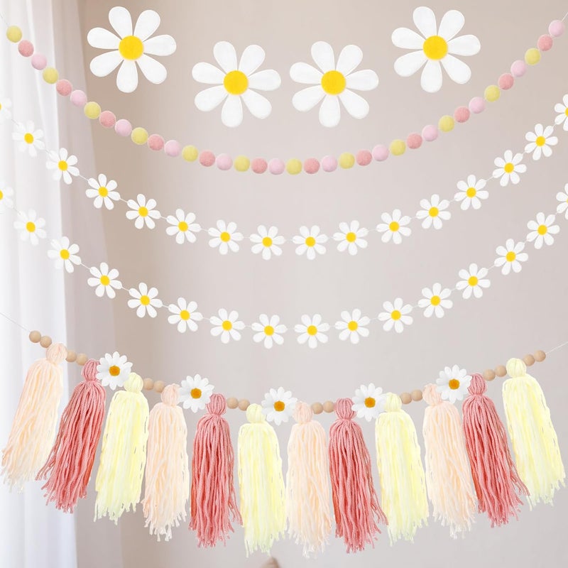 Rtteri 4 Pcs Daisy Garland Felt Ball Classroom Retro Garland Boho Pom Pom Groovy Tassel Hippie Decor Party Banner for School Wedding Birthday Bridal Window Wall Home RoomPink Series Color - Image 1