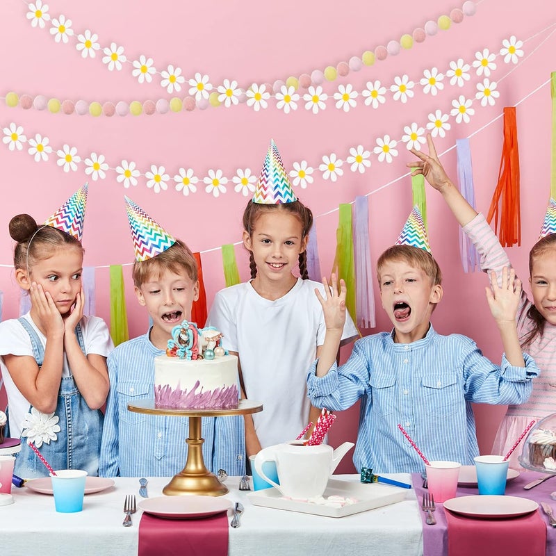 Rtteri 4 Pcs Daisy Garland Felt Ball Classroom Retro Garland Boho Pom Pom Groovy Tassel Hippie Decor Party Banner for School Wedding Birthday Bridal Window Wall Home RoomPink Series Color - Image 5