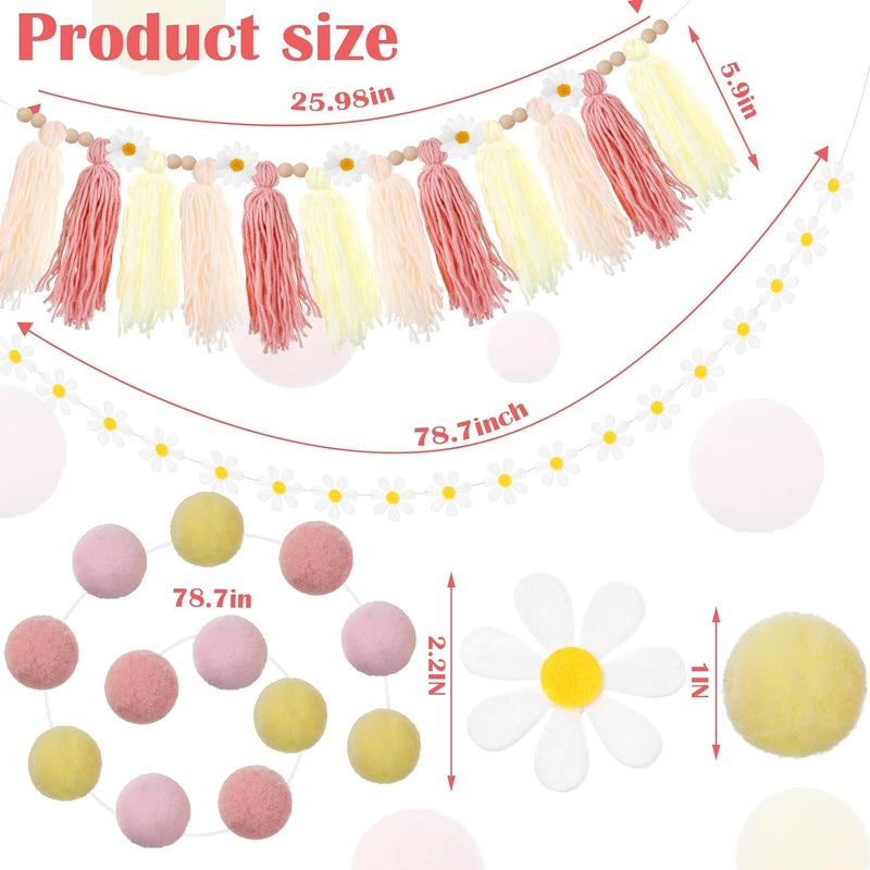 Rtteri 4 Pcs Daisy Garland Felt Ball Classroom Retro Garland Boho Pom Pom Groovy Tassel Hippie Decor Party Banner for School Wedding Birthday Bridal Window Wall Home RoomPink Series Color - Image 2