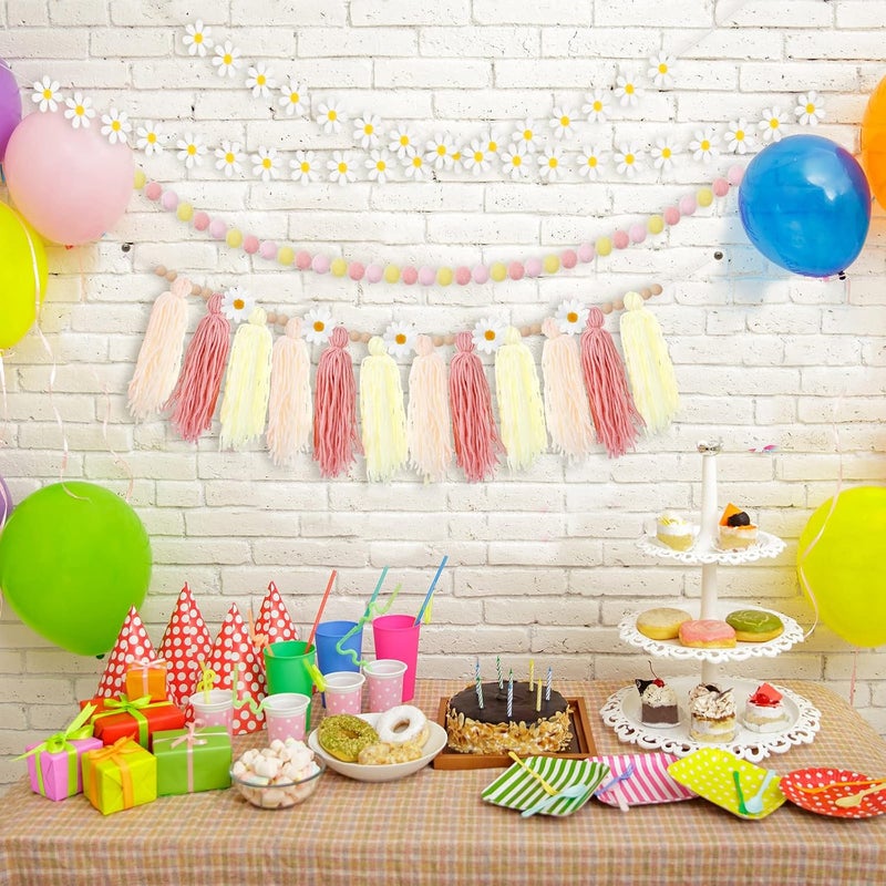 Rtteri 4 Pcs Daisy Garland Felt Ball Classroom Retro Garland Boho Pom Pom Groovy Tassel Hippie Decor Party Banner for School Wedding Birthday Bridal Window Wall Home RoomPink Series Color - Image 3