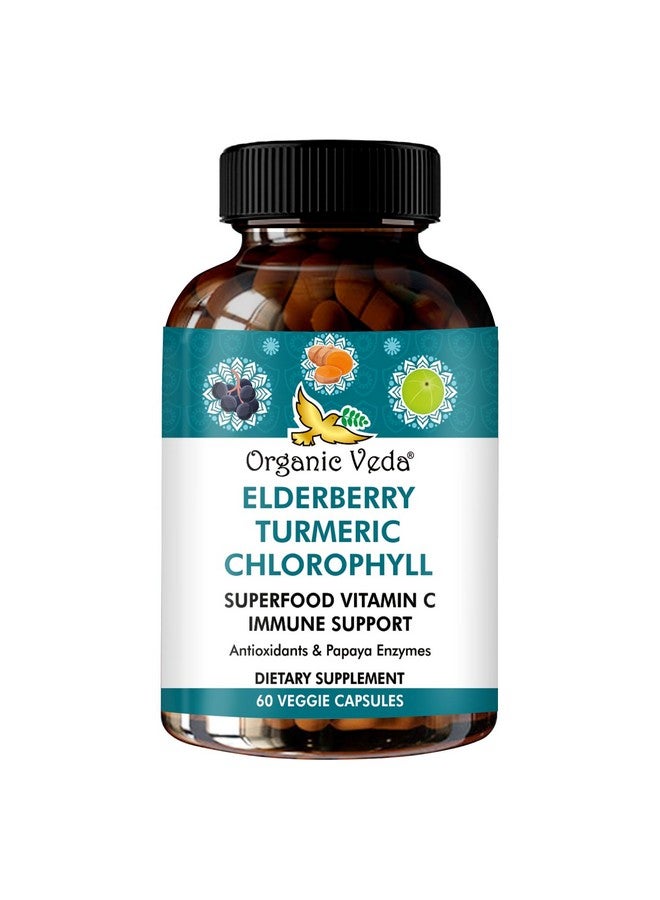 Organic Veda Elderberry Turmeric Chlorophyll Immune Support Supplement - Superfoods Antioxidants, Green Vitamin C, Grape Seed Extract, Acerola, Moringa & Papaya Enzymes - 60 Vegan Capsules