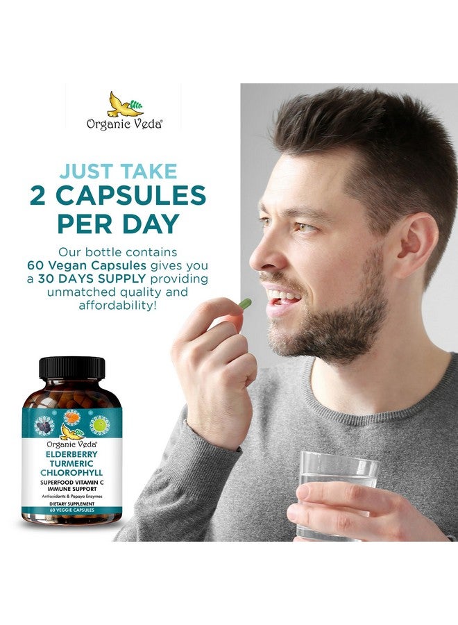 Organic Veda Elderberry Turmeric Chlorophyll Immune Support Supplement - Superfoods Antioxidants, Green Vitamin C, Grape Seed Extract, Acerola, Moringa & Papaya Enzymes - 60 Vegan Capsules