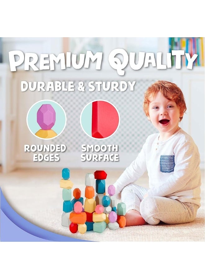 BUNMO Stacking Rocks 40pcs | Safe for Ages 1+ | Montessori Toys for 1 Year Old | Wooden Stacking Blocks for Kids 1+ | Stimulating Creative & Imaginative Play | Sensory Toddler Toys - Image 4