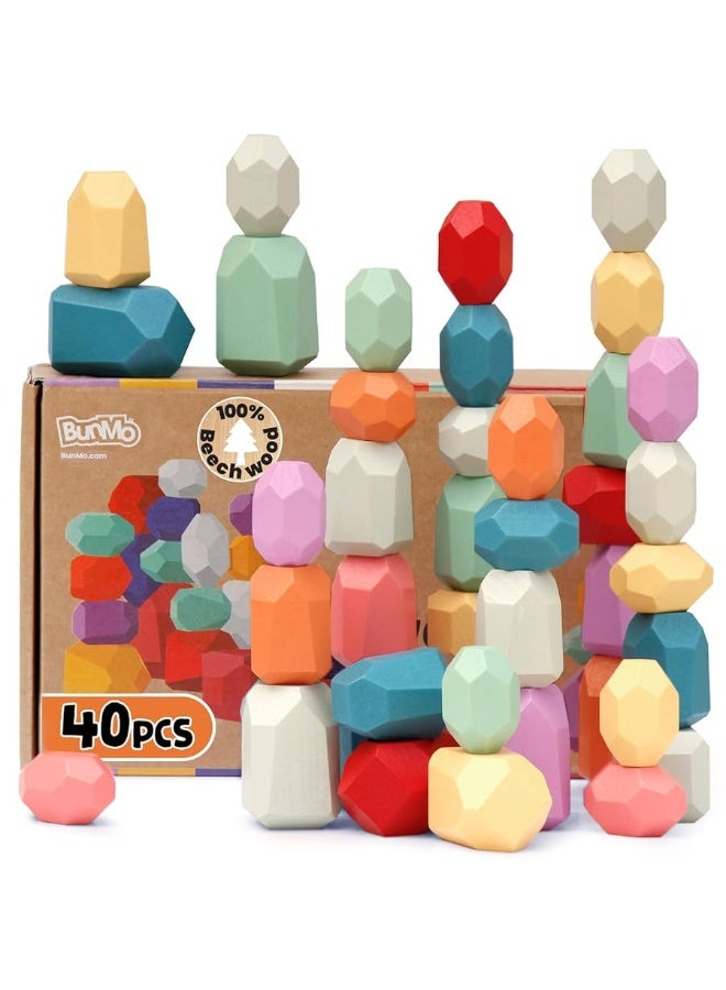 BUNMO Stacking Rocks 40pcs | Safe for Ages 1+ | Montessori Toys for 1 Year Old | Wooden Stacking Blocks for Kids 1+ | Stimulating Creative & Imaginative Play | Sensory Toddler Toys - Image 2